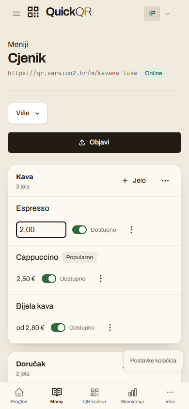 Editing an espresso price in the real QuickQR mobile menu builder
