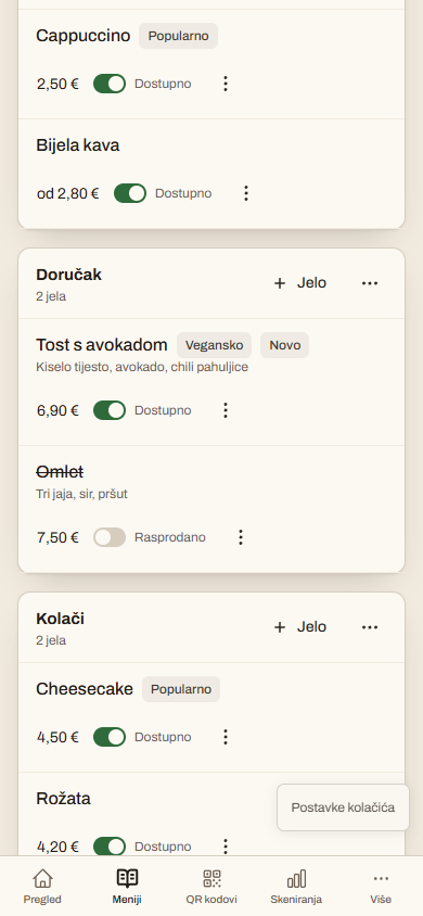 An omelette marked unavailable in the real QuickQR mobile menu builder