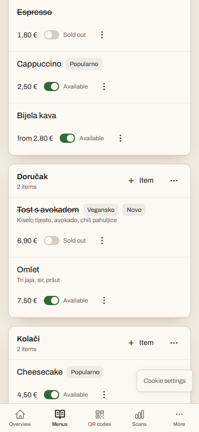 The real availability control in the QuickQR menu builder
