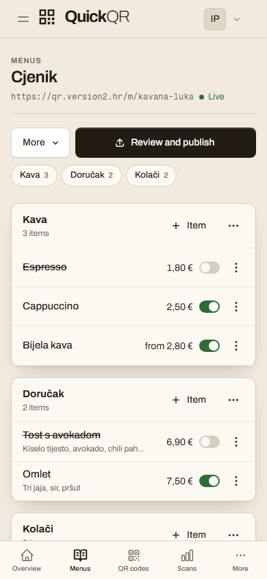 The real availability control in the QuickQR menu builder