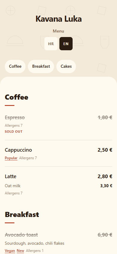 The language selector on a demonstration café price list in QuickQR