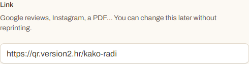 Choosing a QR code destination in QuickQR: a link to an existing page