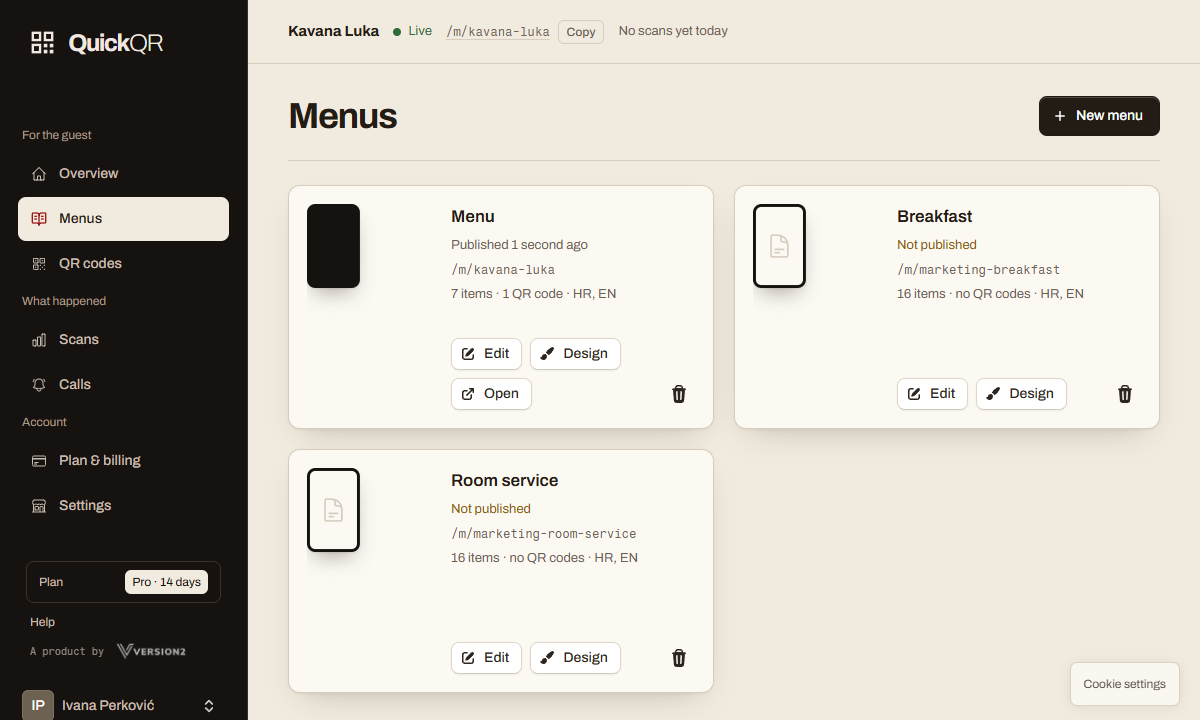 Multiple menus in the actual QuickQR menu list