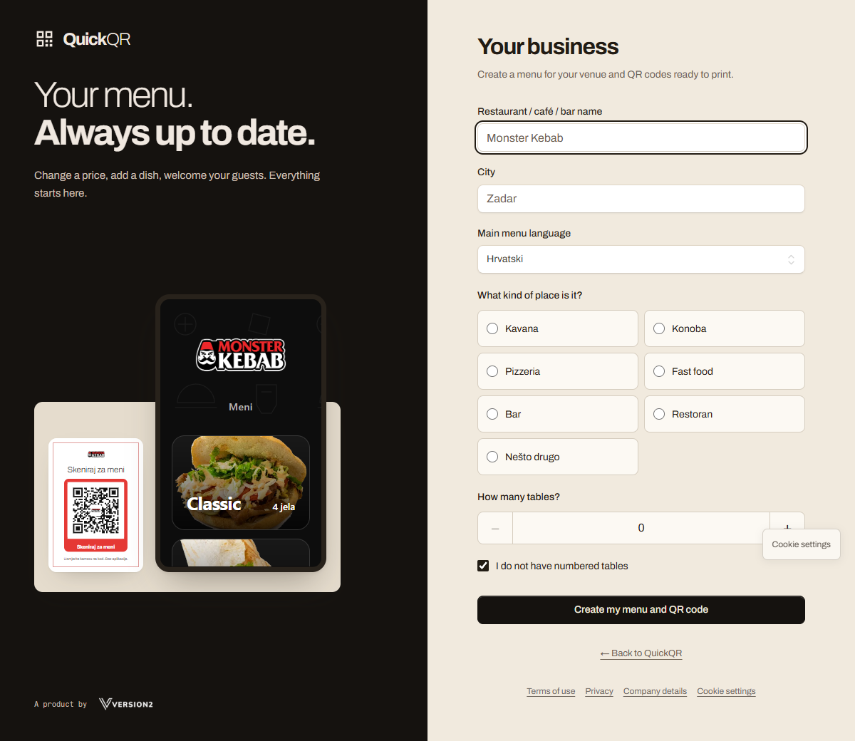 Choose your starting menu and table count.