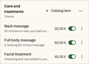A sample service price list in the QuickQR editor on a phone: a category and services with prices