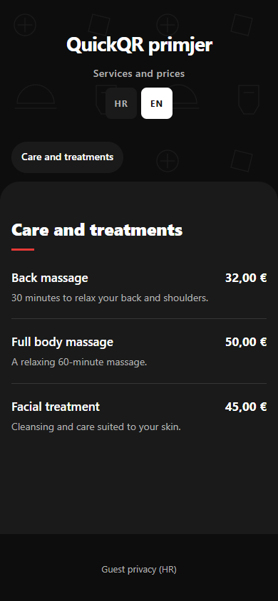 A published sample service price list on a phone: massages and facials with prices