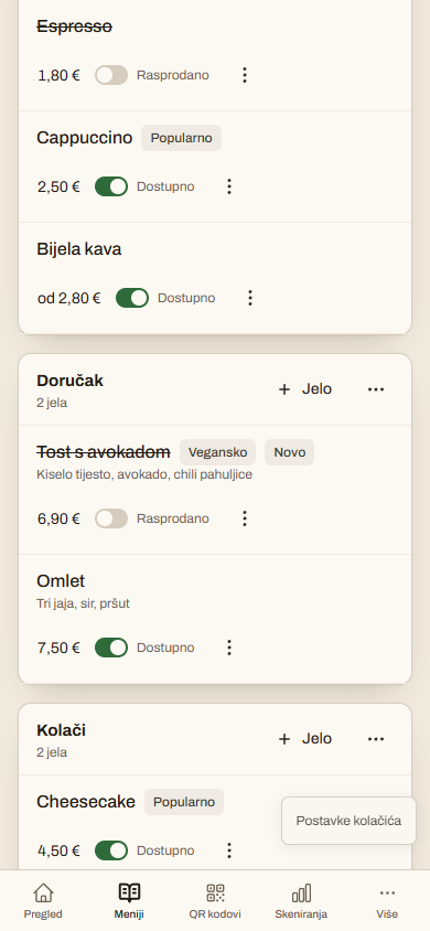 Stvarna kontrola dostupnosti jela u QuickQR uređivaču