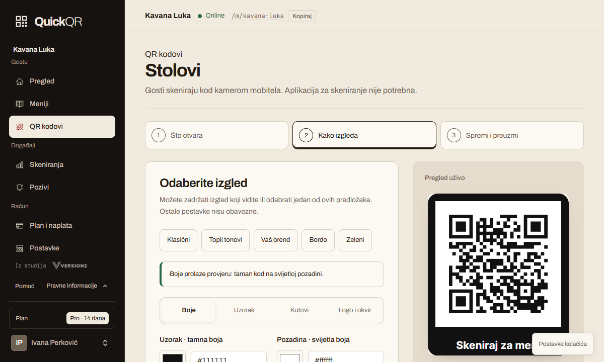 Pripremite kod koji odgovara vašem stolu.