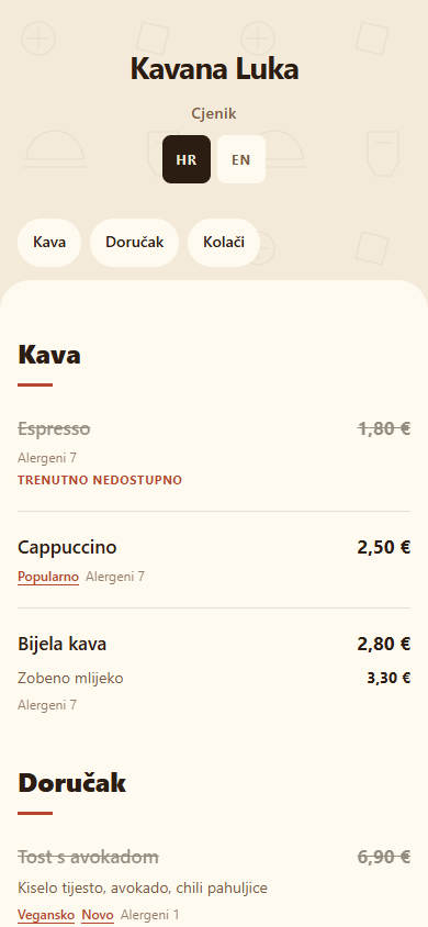 Prebacivanje jezika na oglednom cjeniku kavane u QuickQR-u