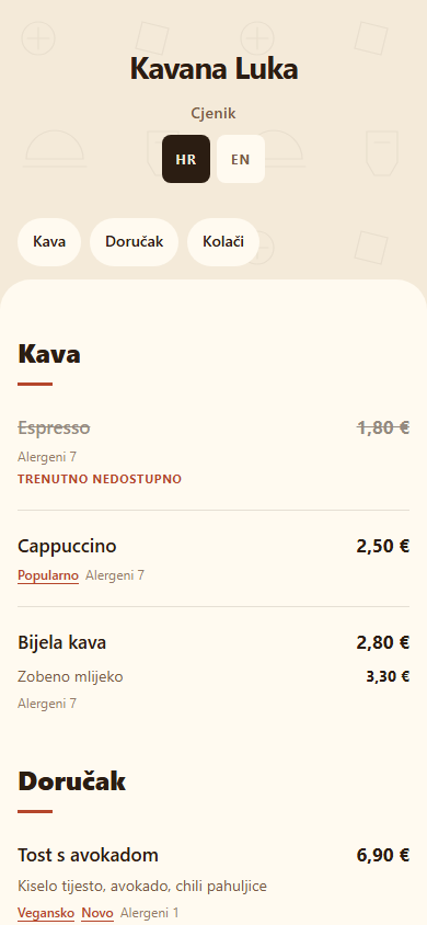 Prebacivanje jezika na oglednom cjeniku kavane u QuickQR-u