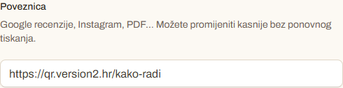 Odabir odredišta QR koda u QuickQR-u: poveznica na postojeću stranicu