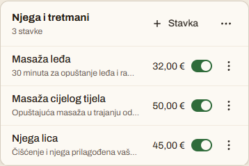 Ogledni cjenik usluga u QuickQR uređivaču na mobitelu: kategorija i usluge s cijenama
