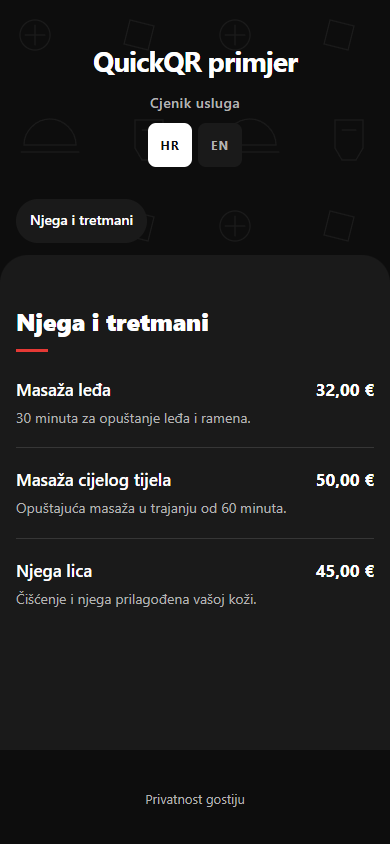Objavljeni ogledni cjenik usluga: masaže i njega lica s cijenama